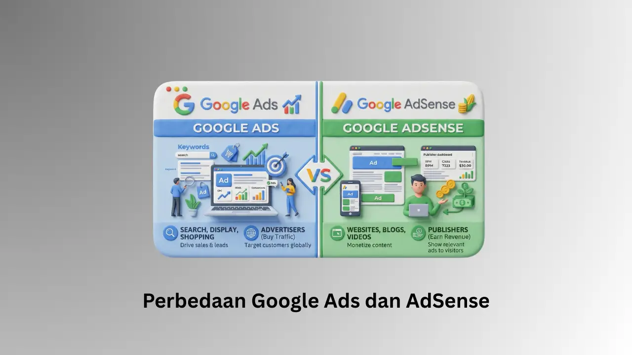 Infografis perbedaan Google Ads dan AdSense untuk pengiklan dan publisher